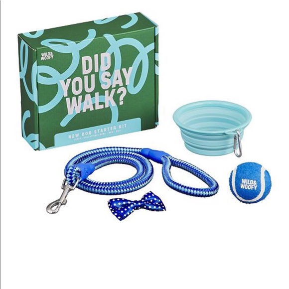 New Wild And Woofy Dog Puppy Starter Kit Boxed Gift Set Leash Bowl Ball Bow Tie - Picture 2 of 3